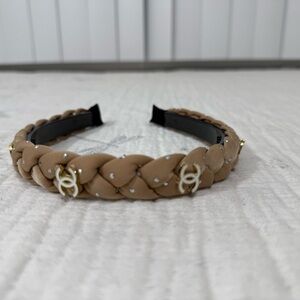 Braided Tan Headband with Gold Accents